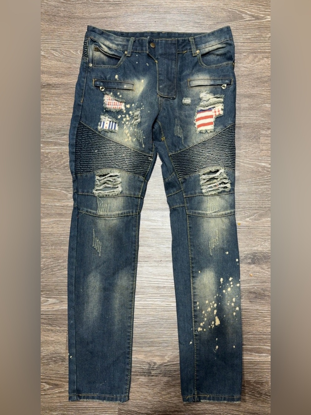 Moto jeans, Mens, Lined w red, white and blue, fabric in the holes. 32x3